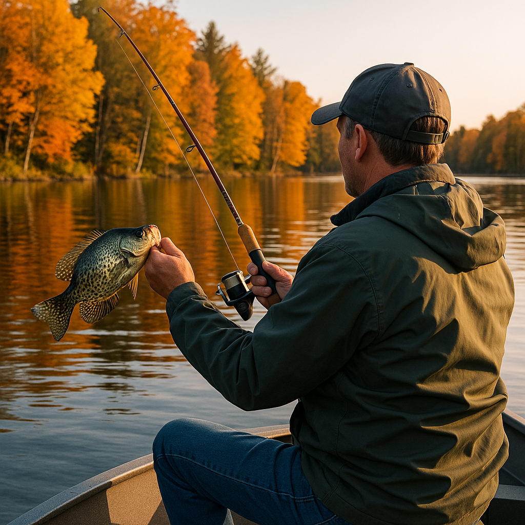 Angler crappie fishing on Bob’s Lake in the fall